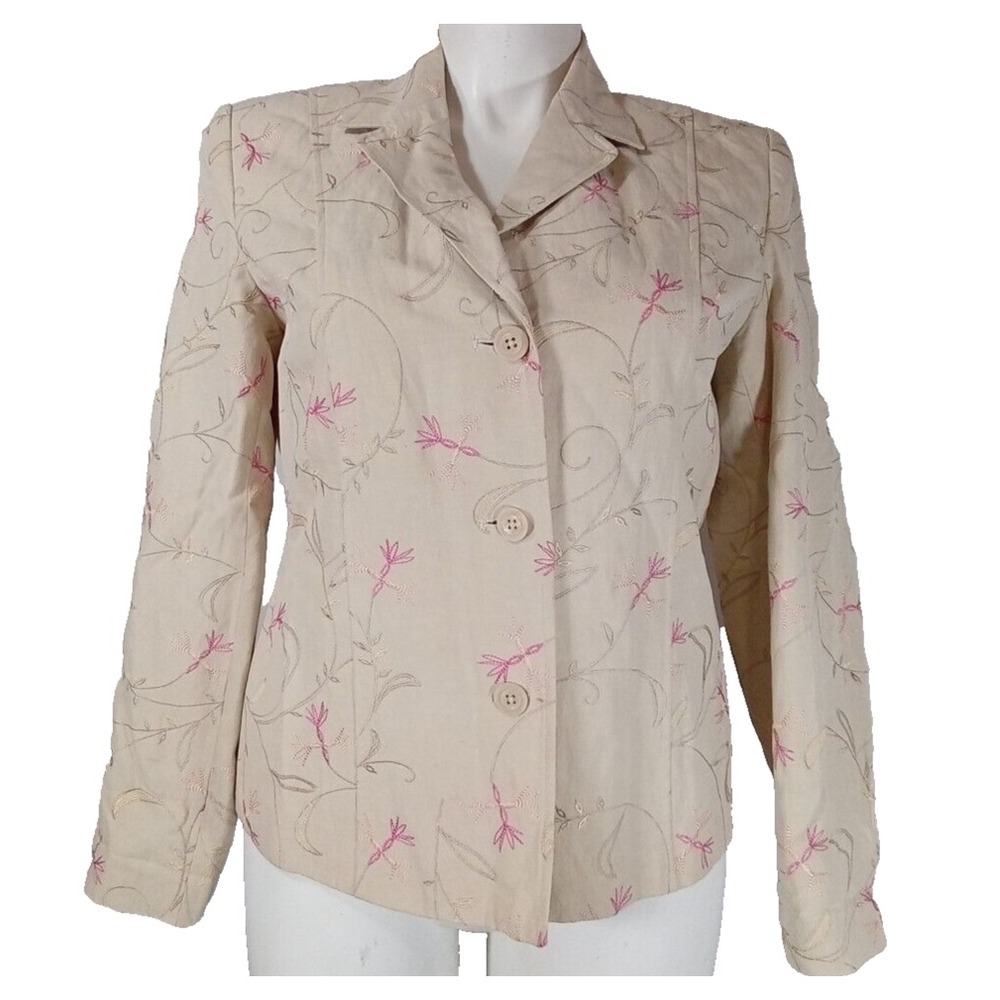 Coldwater Creek Jacket MED‎ Beige Floral  Silk Linen Blend Embroider Button